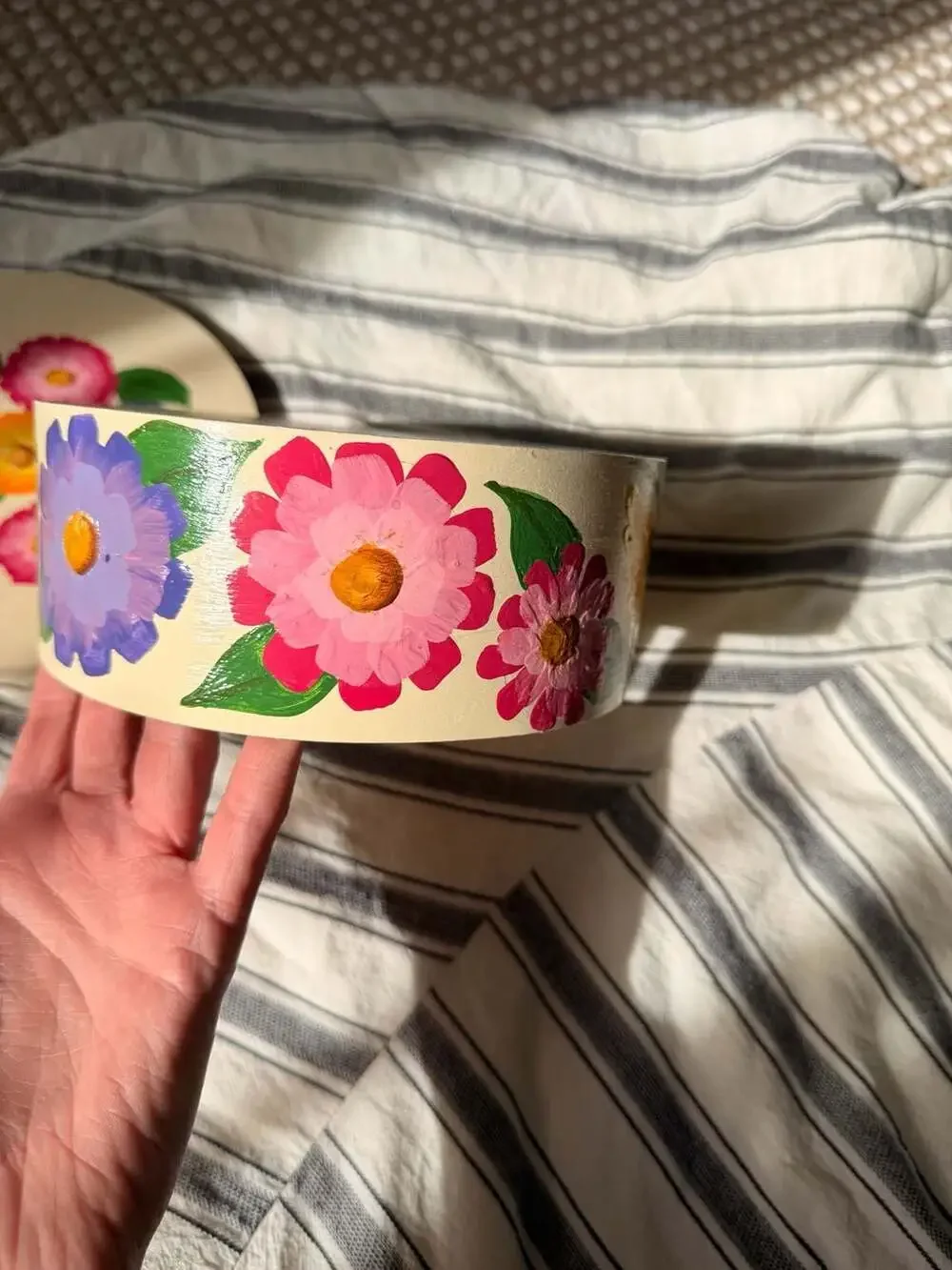 Hand-Painted Round Wooden Storage Box with Floral Motif